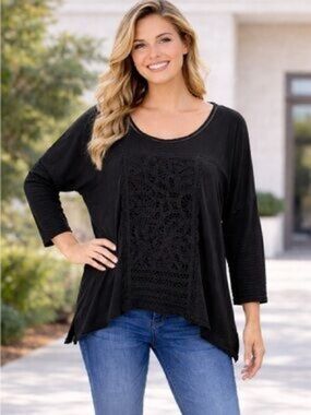 Anthropologie Meadow Rue Crochet Lace Top XL Black Boho Tunic Flowy Top
